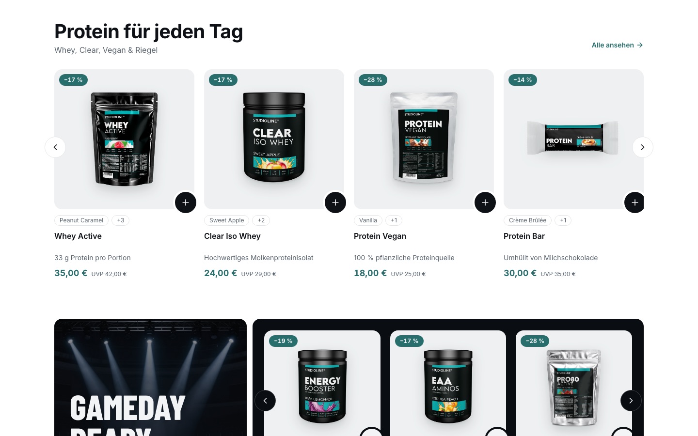 rethink nutrition: Produktübersicht mit Protein-Supplements und Team-Preisen auf dem Desktop.